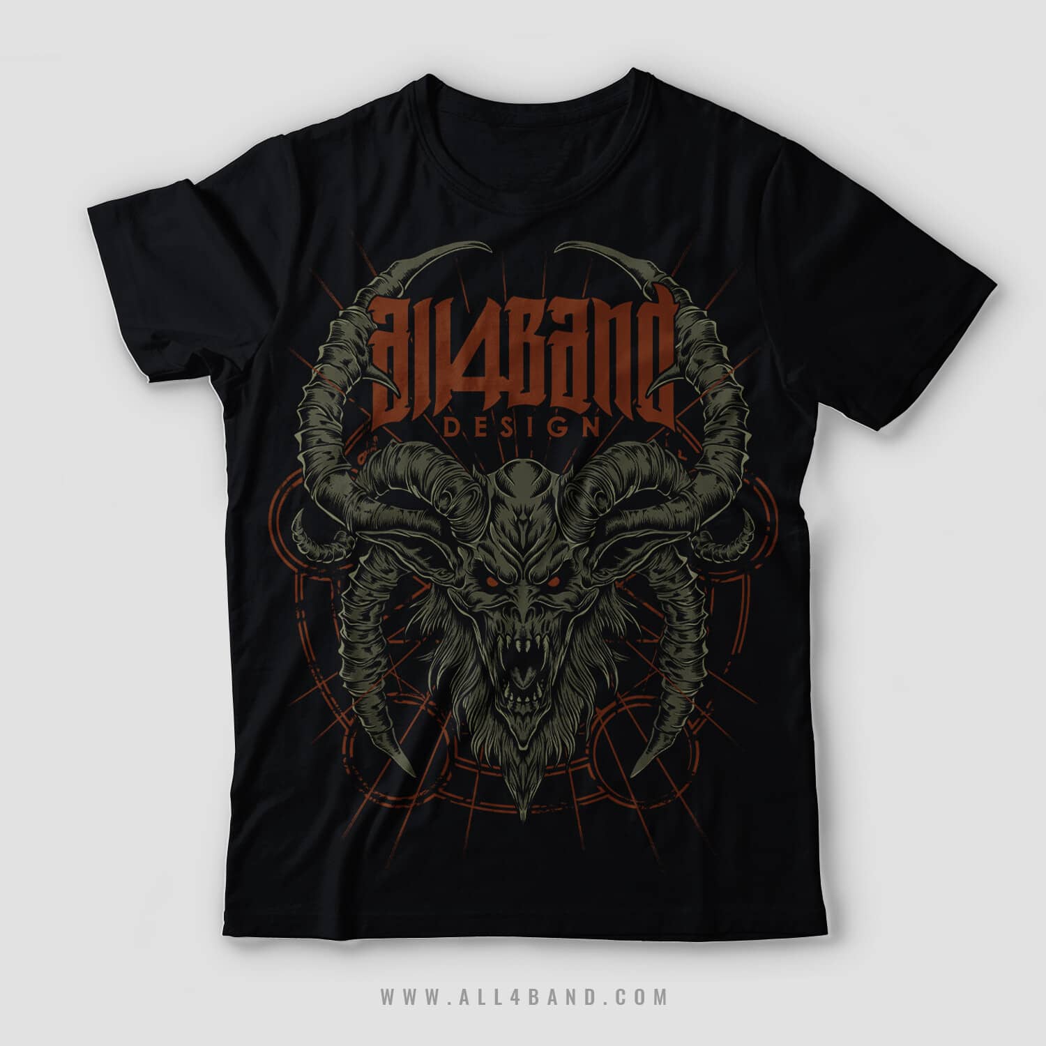 Death metal shirt design featuring a demonic skull with curling horns and occult geometric symbols in the background