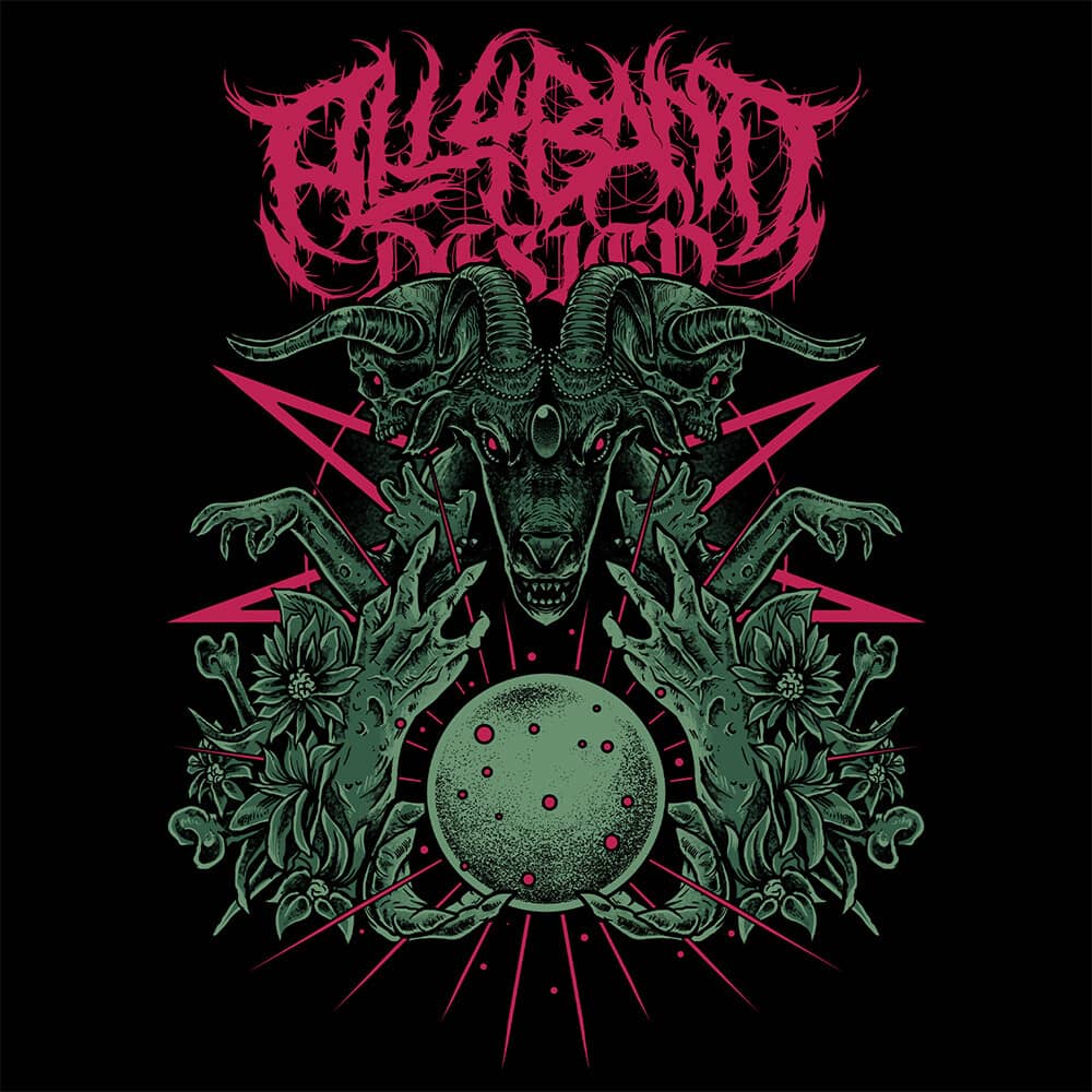 Death metal band artwork featuring a horned demonic goat skull with a glowing orb surrounded by skeletal hands, flowers, and bones.