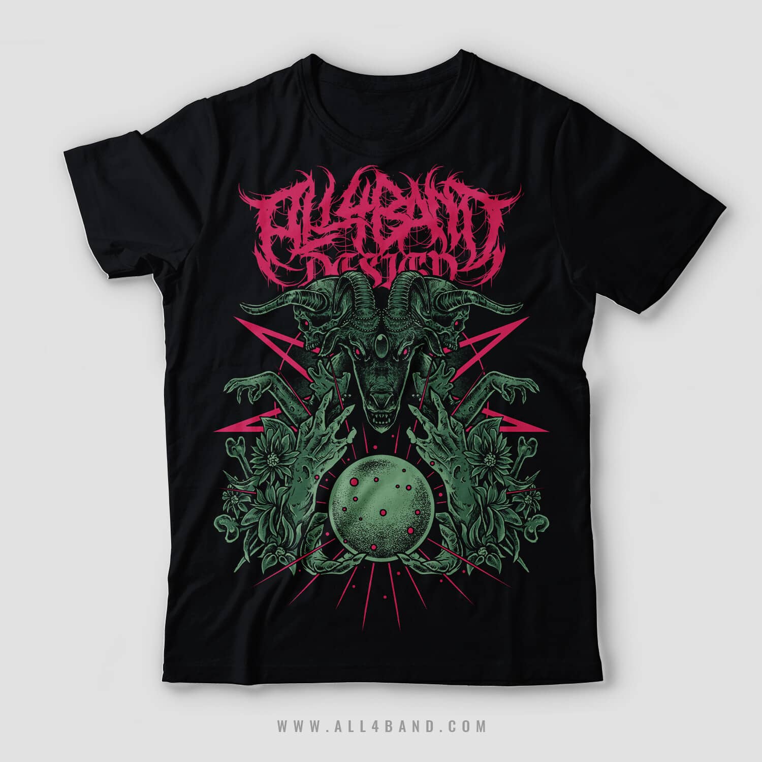 Death metal band shirt design featuring a horned demonic goat skull with a glowing orb surrounded by skeletal hands, flowers, and bones.