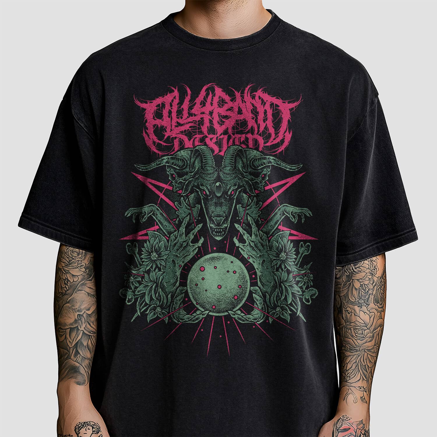Death metal band shirt design featuring a horned demonic goat skull with a glowing orb surrounded by skeletal hands, flowers, and bones.