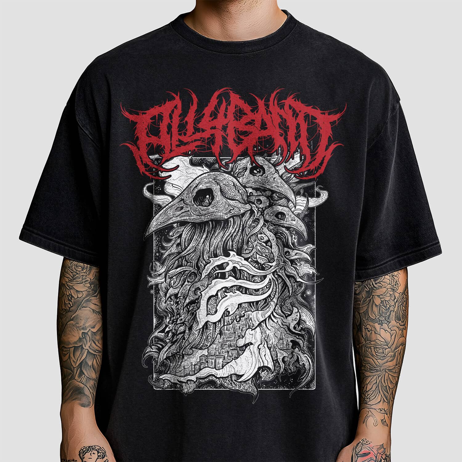 Metal band shirt design titled Covered By Night