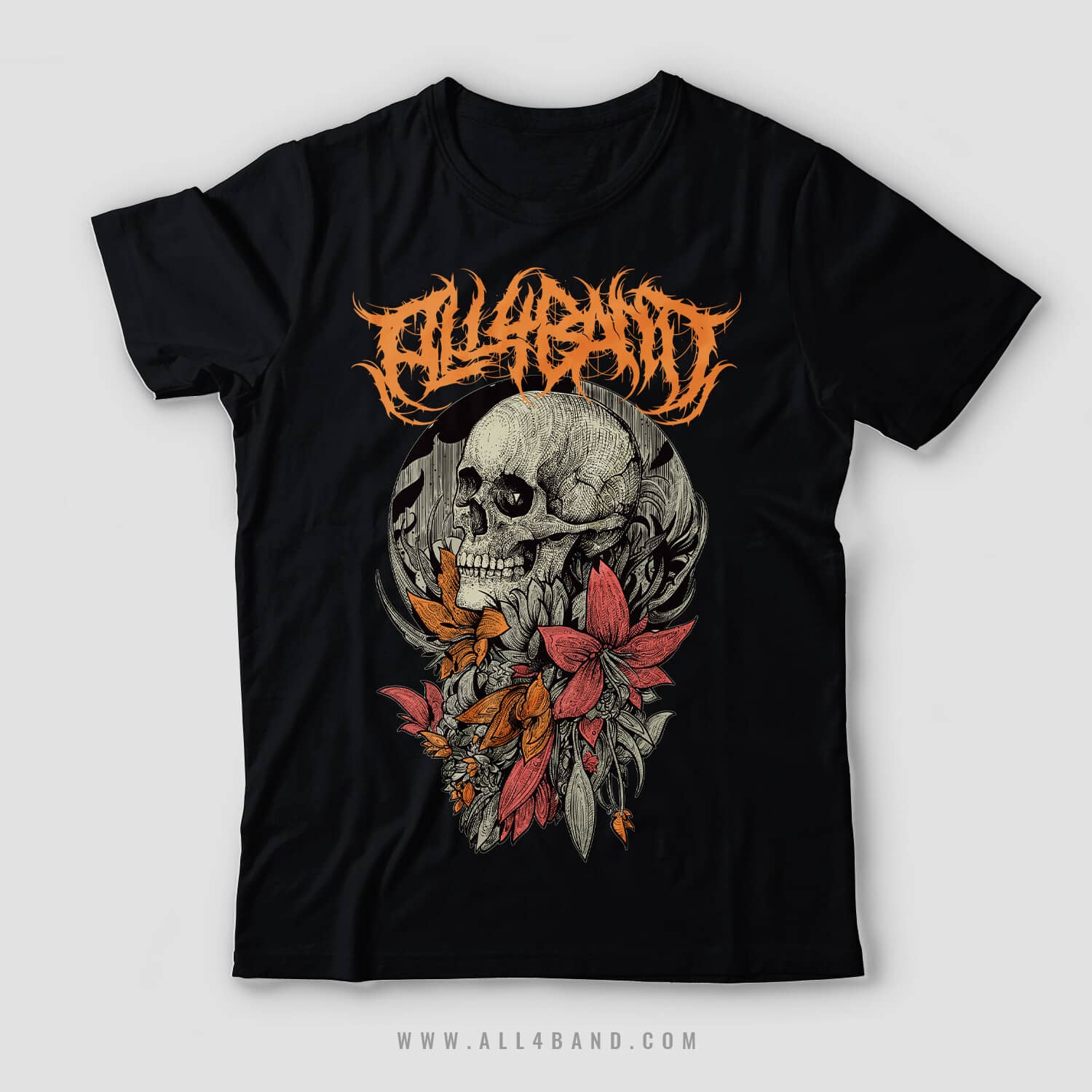 Metal band shirt design titled Skull With Flowers