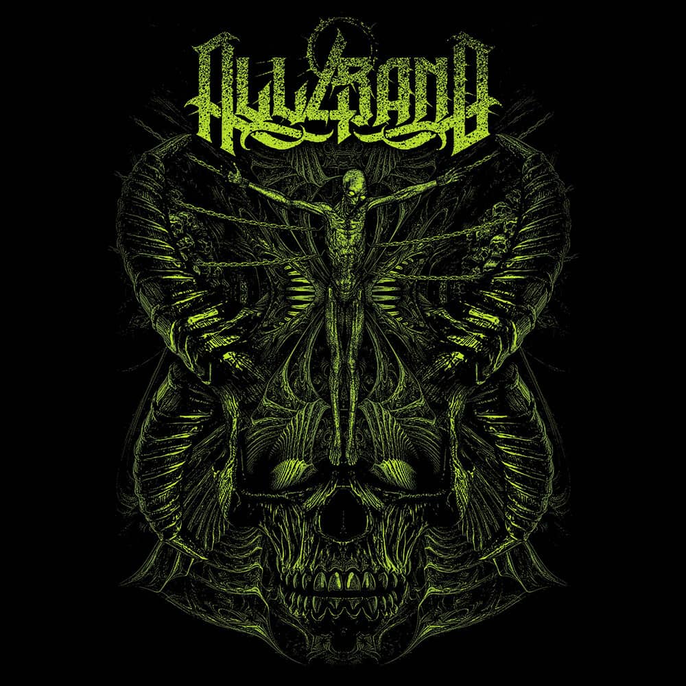 Death metal band artwork featuring a decayed body hanging on chains above a demon