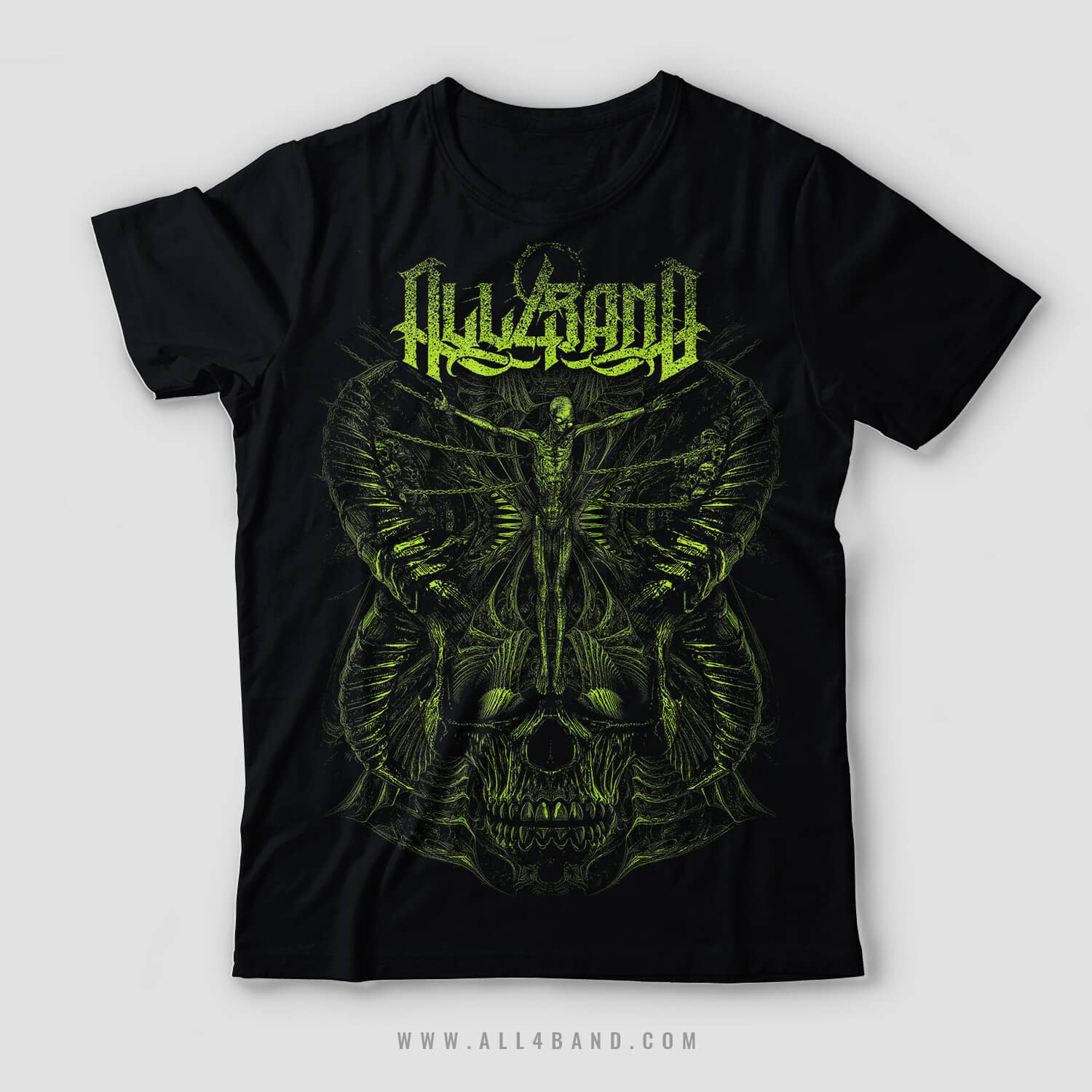 Death metal shirt design featuring a decayed body hanging on chains above a demon