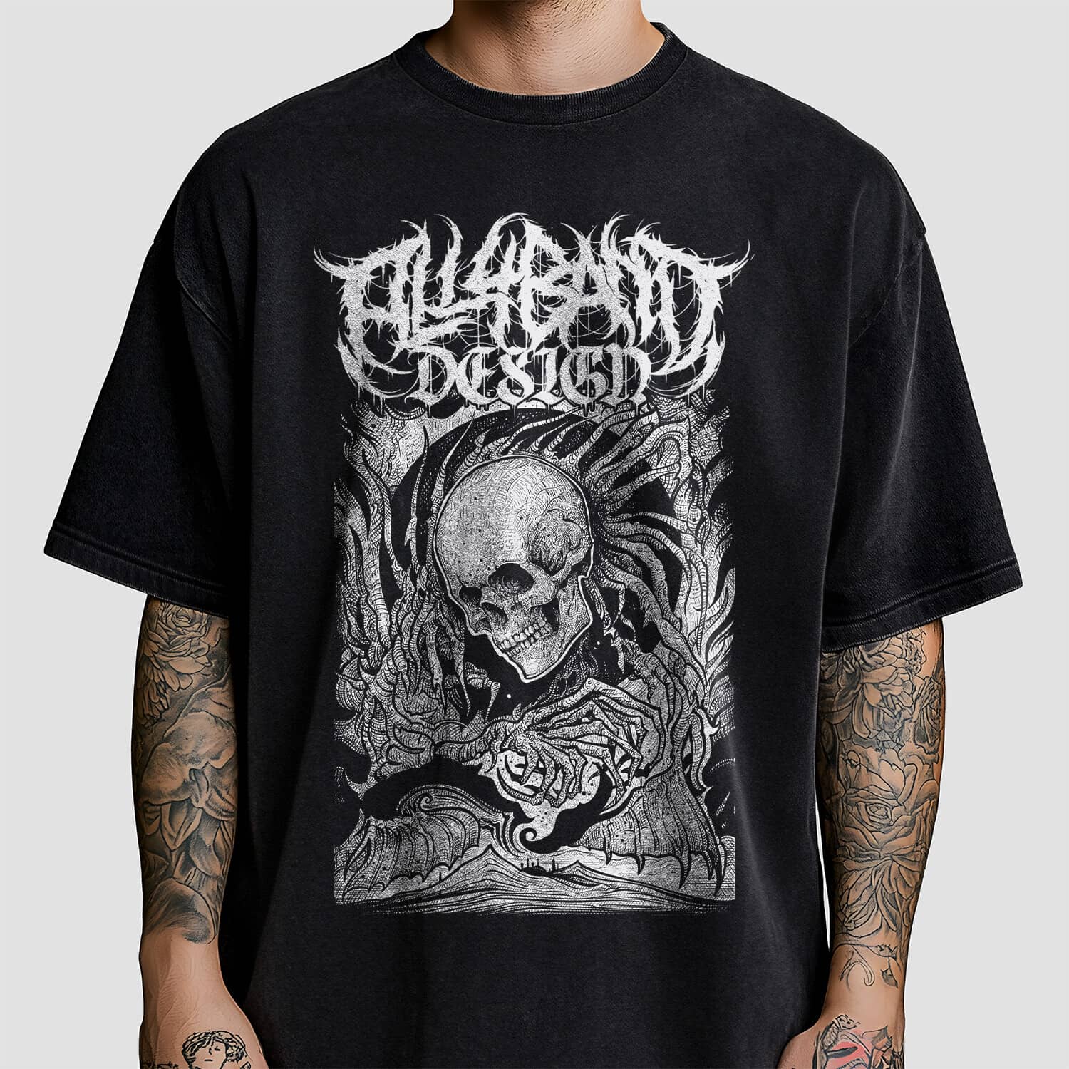 Metal band shirt design titled Looming Horror