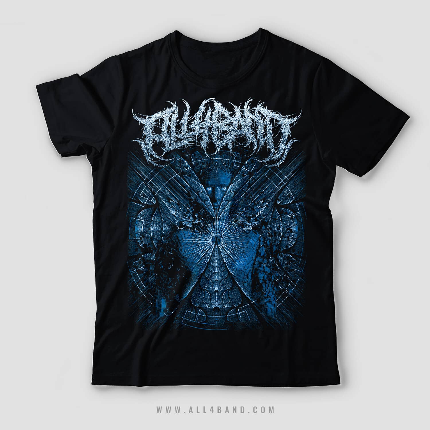 Metal band shirt design featuring a surreal blue biomechanical figure with glowing eyes and symmetrical geometric patterns
