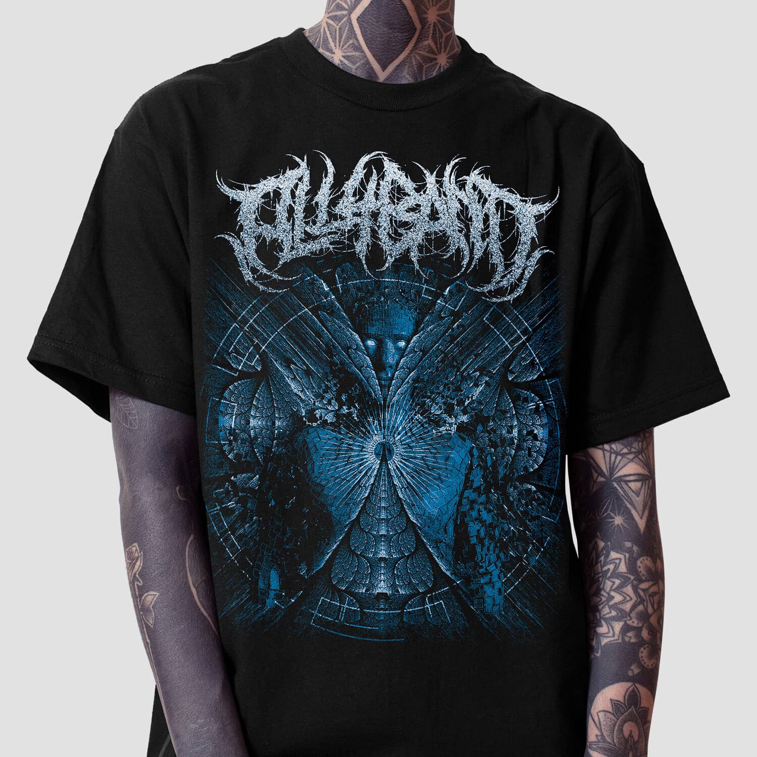 Metal band shirt design featuring a surreal blue biomechanical figure with glowing eyes and symmetrical geometric patterns