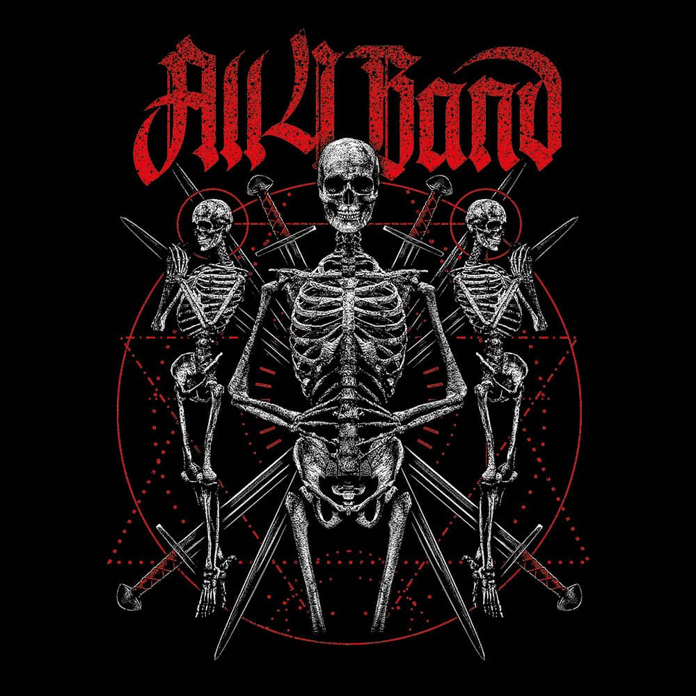 Metal band artwork featuring praying skeletons and an occult geometric pattern