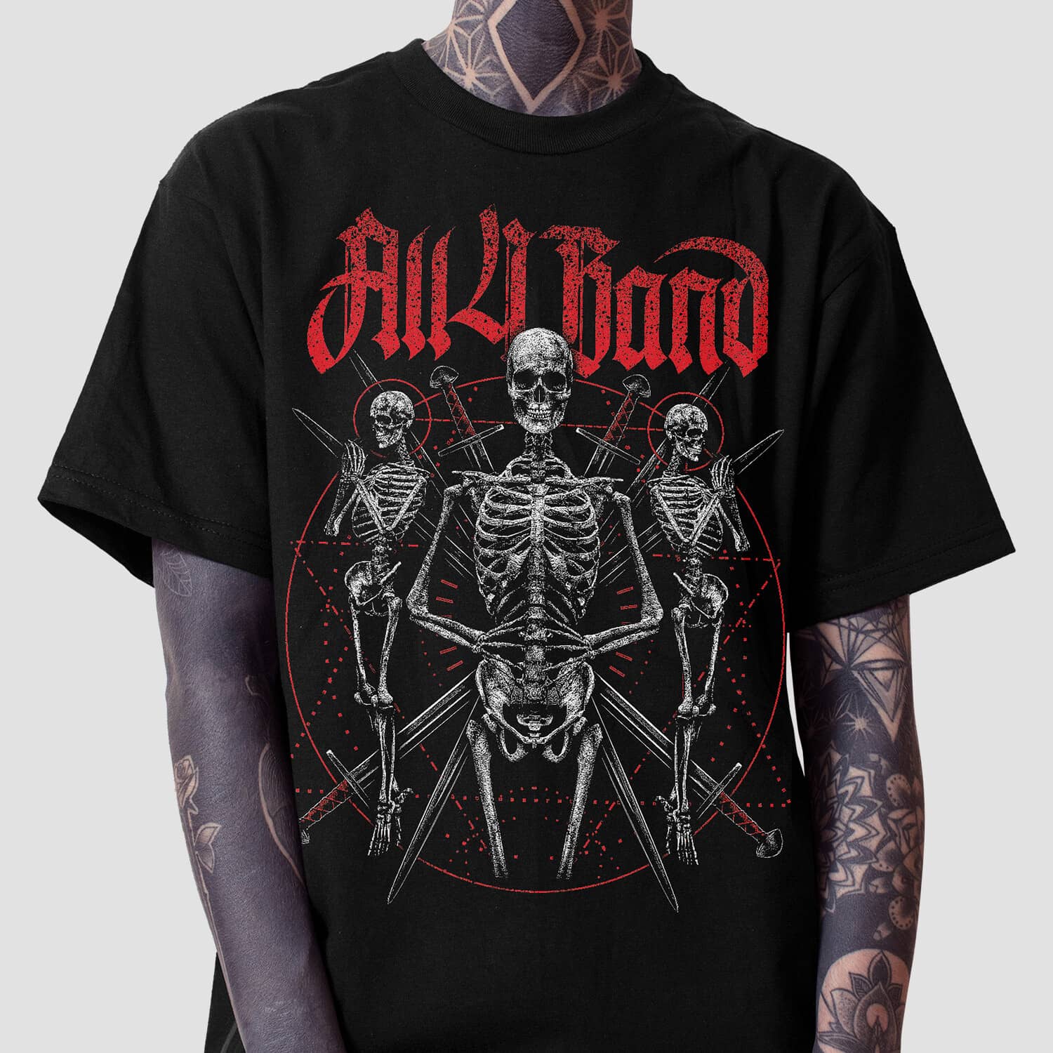Metal band shirt design featuring praying skeletons and an occult geometric pattern