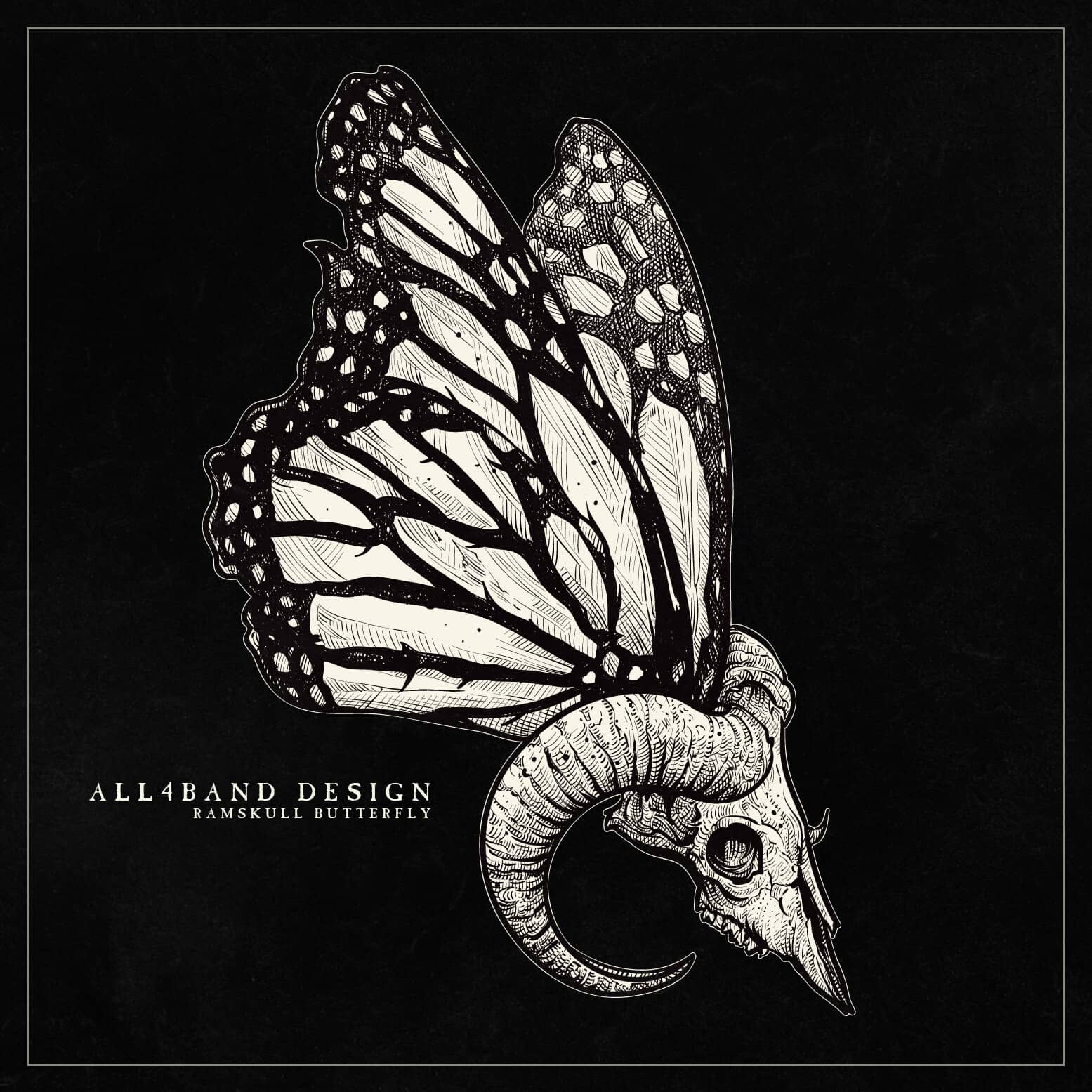 Metal band artwork featuring a ram skull with butterfly wings