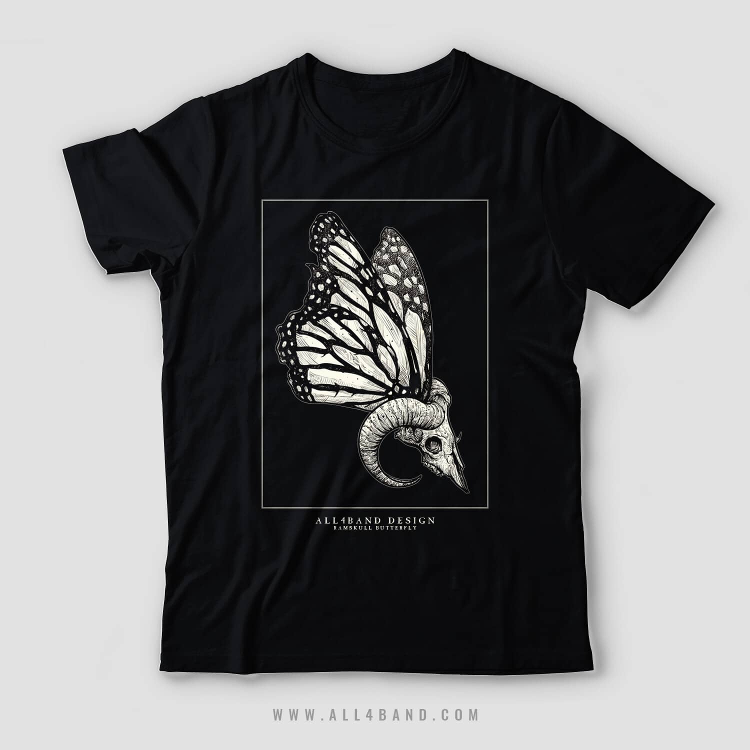 Metal band shirt design featuring a ram skull with butterfly wings
