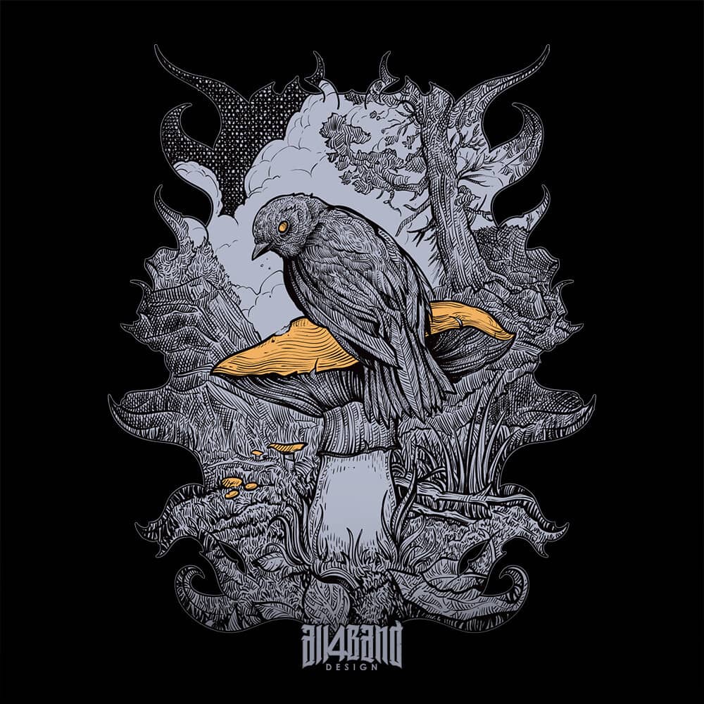 Metal band artwork featuring a bird sitting on a big yellow mushroom in a dark forest