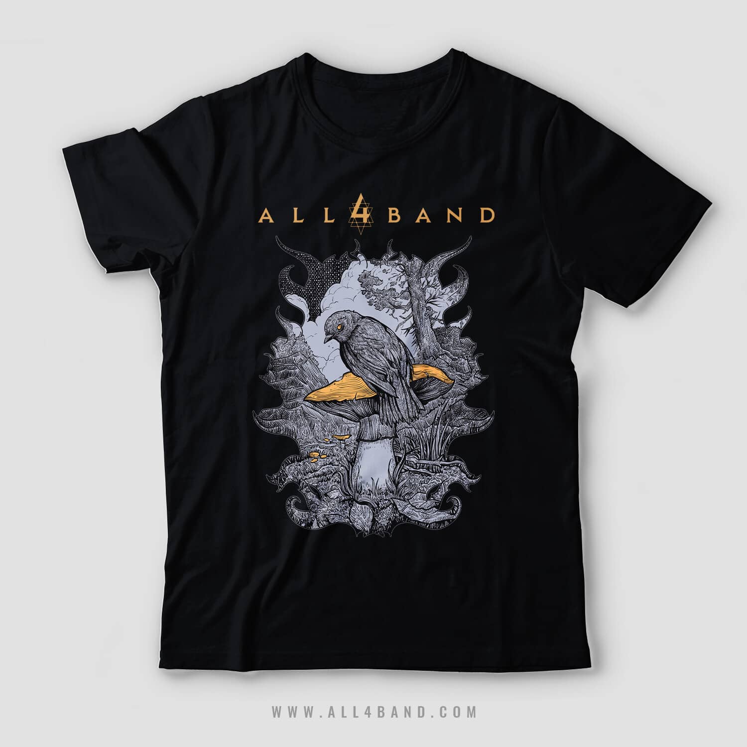 Band shirt design featuring a bird sitting on a big yellow mushroom in a dark forest