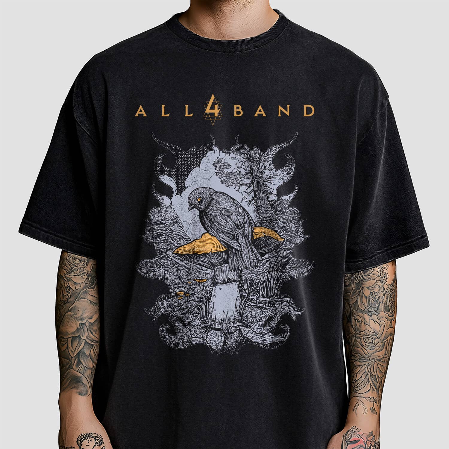 Band shirt design featuring a bird sitting on a big yellow mushroom in a dark forest
