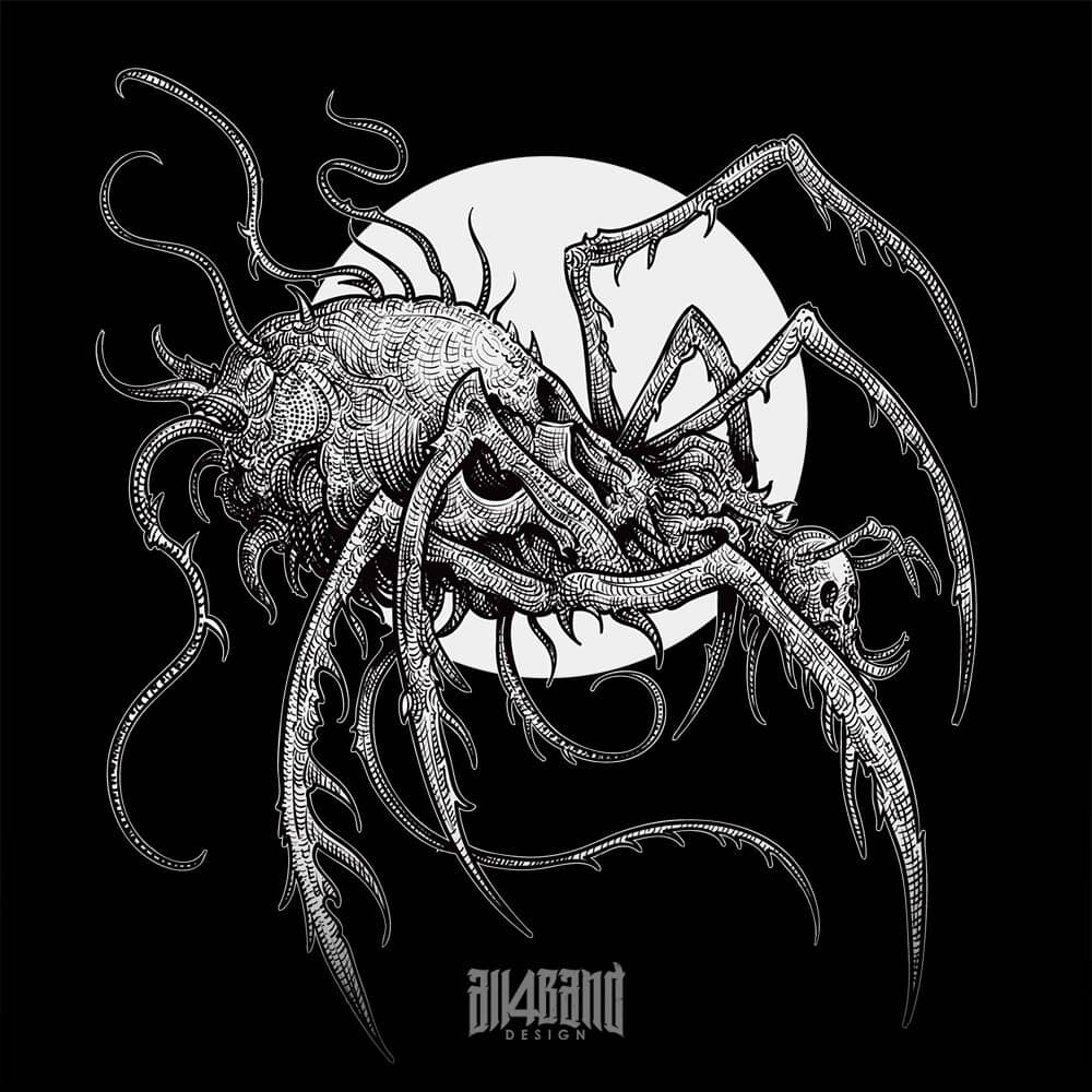Metal band artwork featuring a creepy skull-shaped spider with a full moon behind it
