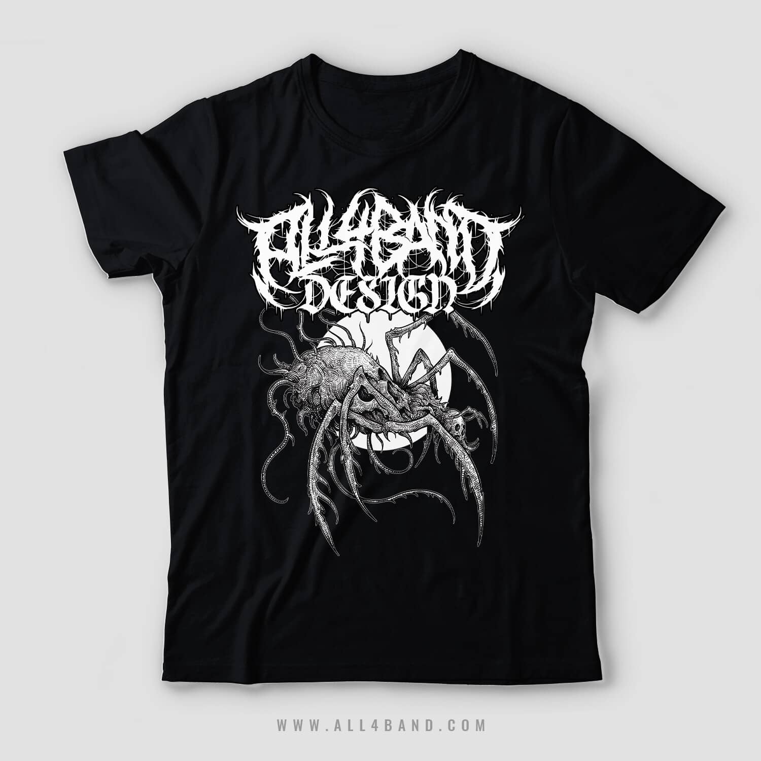 Metal band shirt design featuring a creepy skull-shaped spider with a full moon behind it