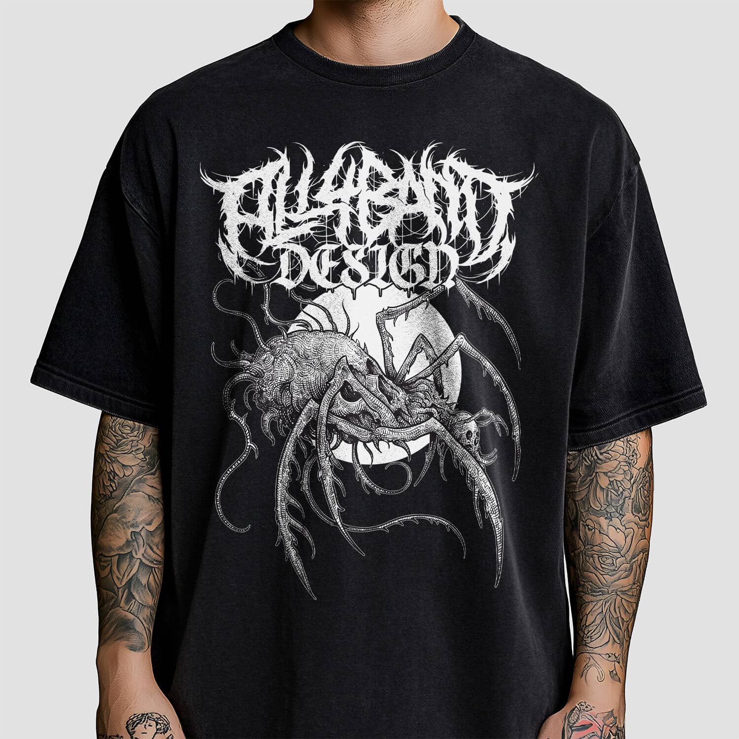 Death metal band shirt design featuring a creepy skull-shaped spider with a full moon behind it
