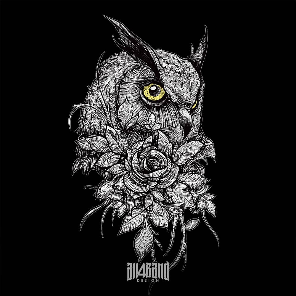 Band artwork featuring a beautiful owl and a rose surrounded by leaves