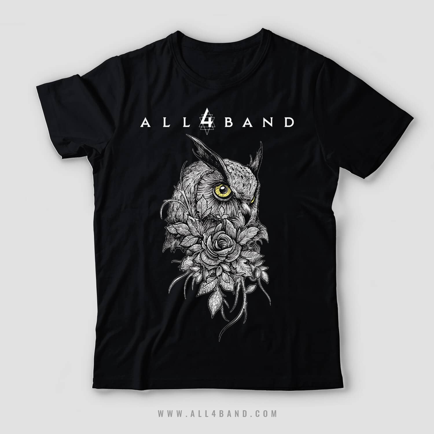 Band shirt design featuring a beautiful owl and a rose surrounded by leaves