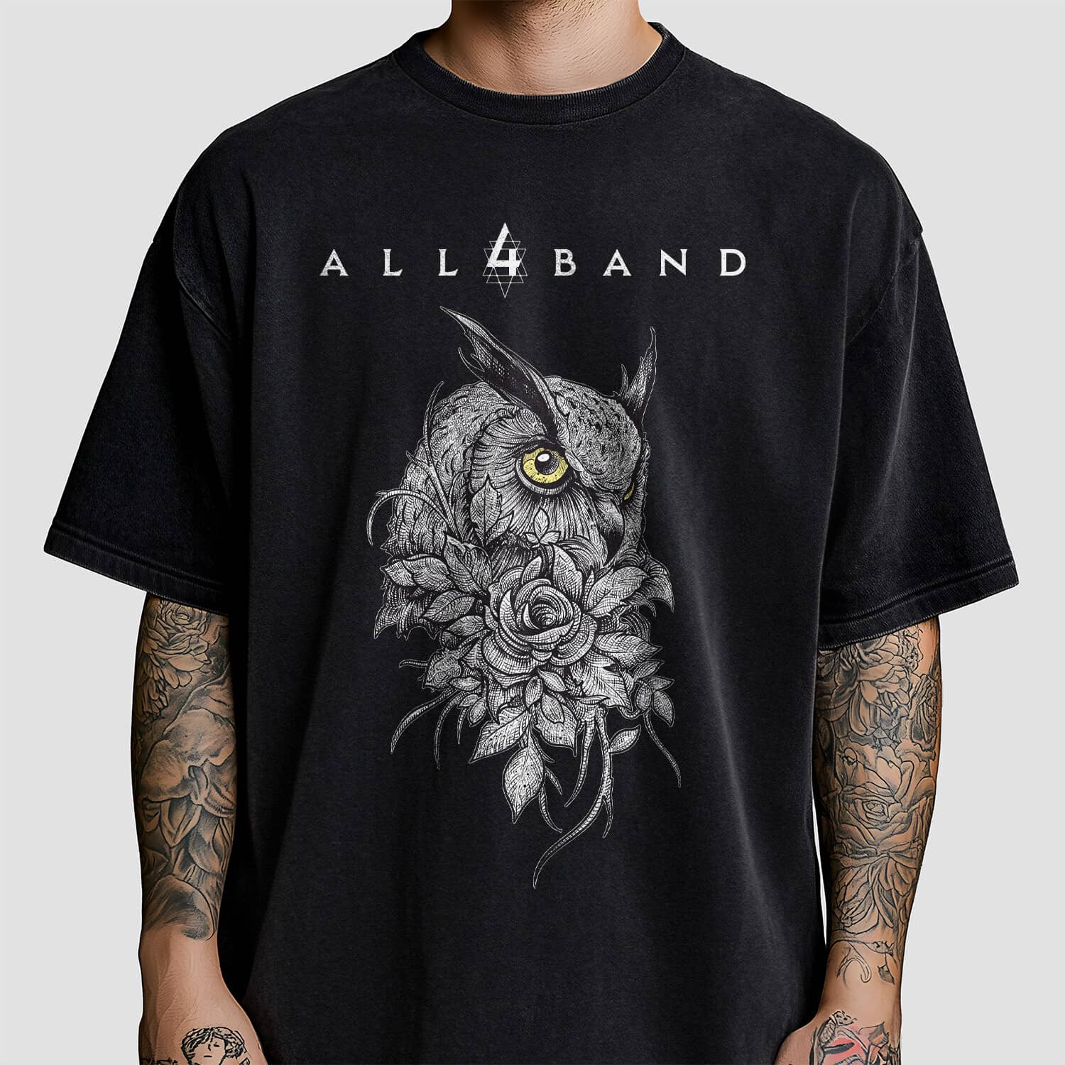 Band shirt design featuring a beautiful owl and a rose surrounded by leaves