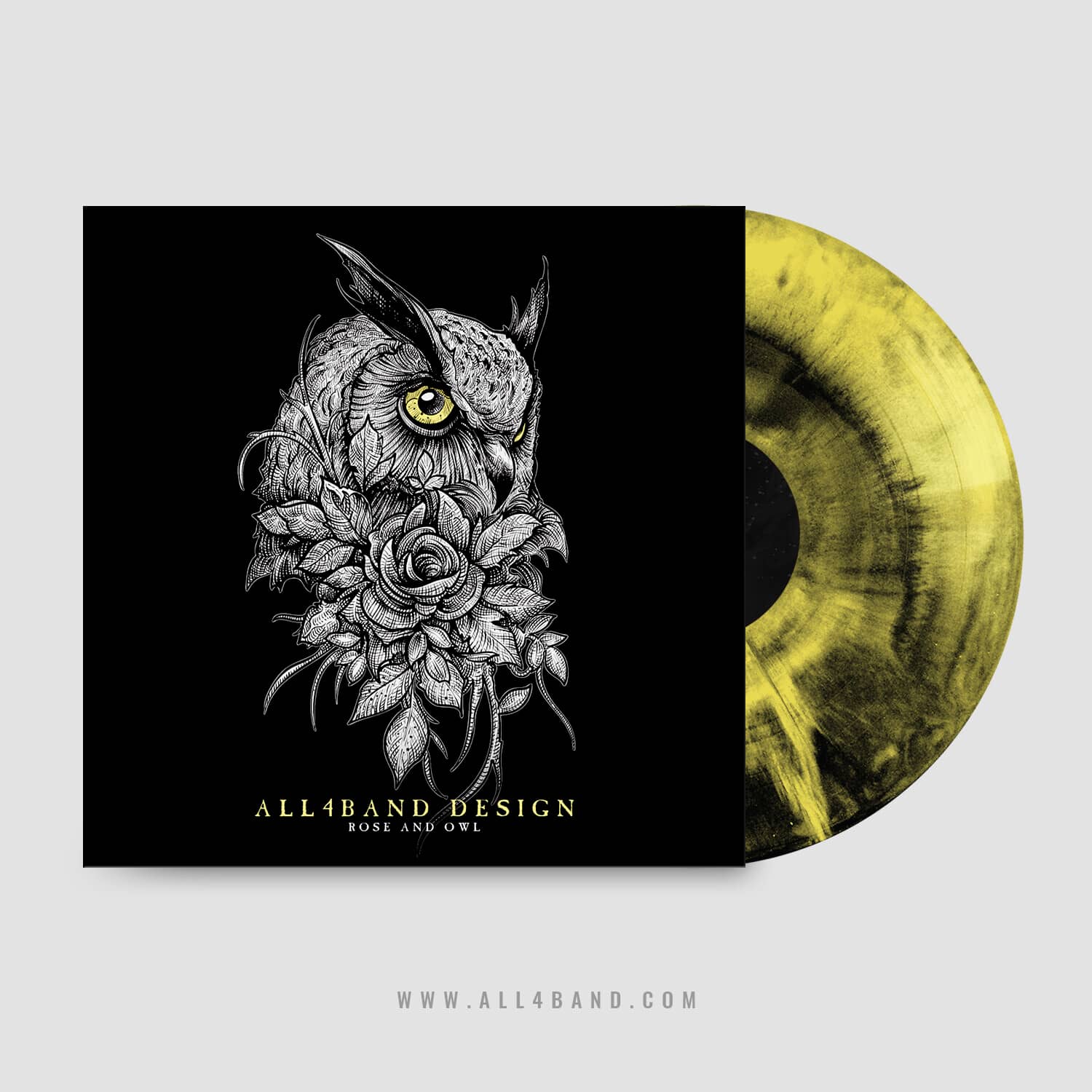 Band album artwork featuring a beautiful owl and a rose surrounded by leaves