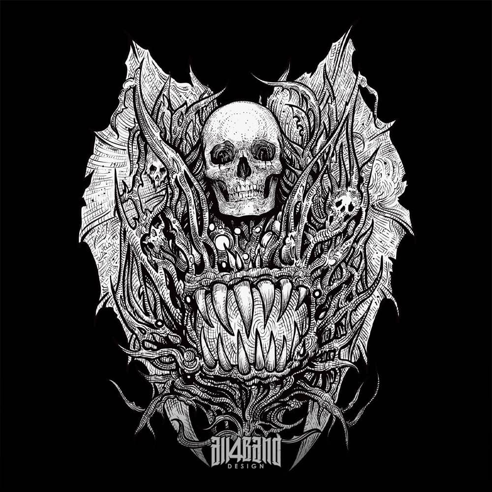 Death metal artwork featuring a surreal creepy monster with human skulls and a fanged mouth