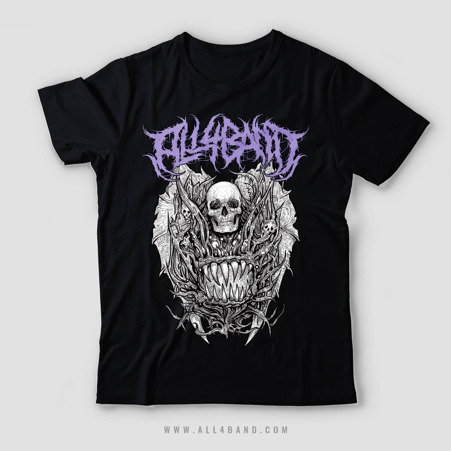 Death metal shirt design featuring a surreal creepy monster with human skulls and a fanged mouth