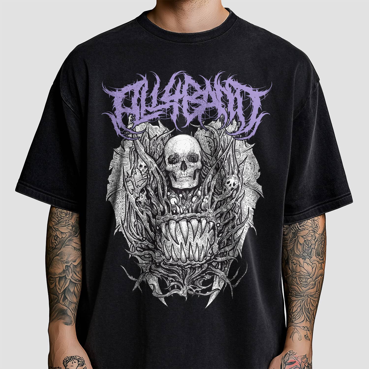 Death metal shirt design featuring a surreal creepy monster with human skulls and a fanged mouth