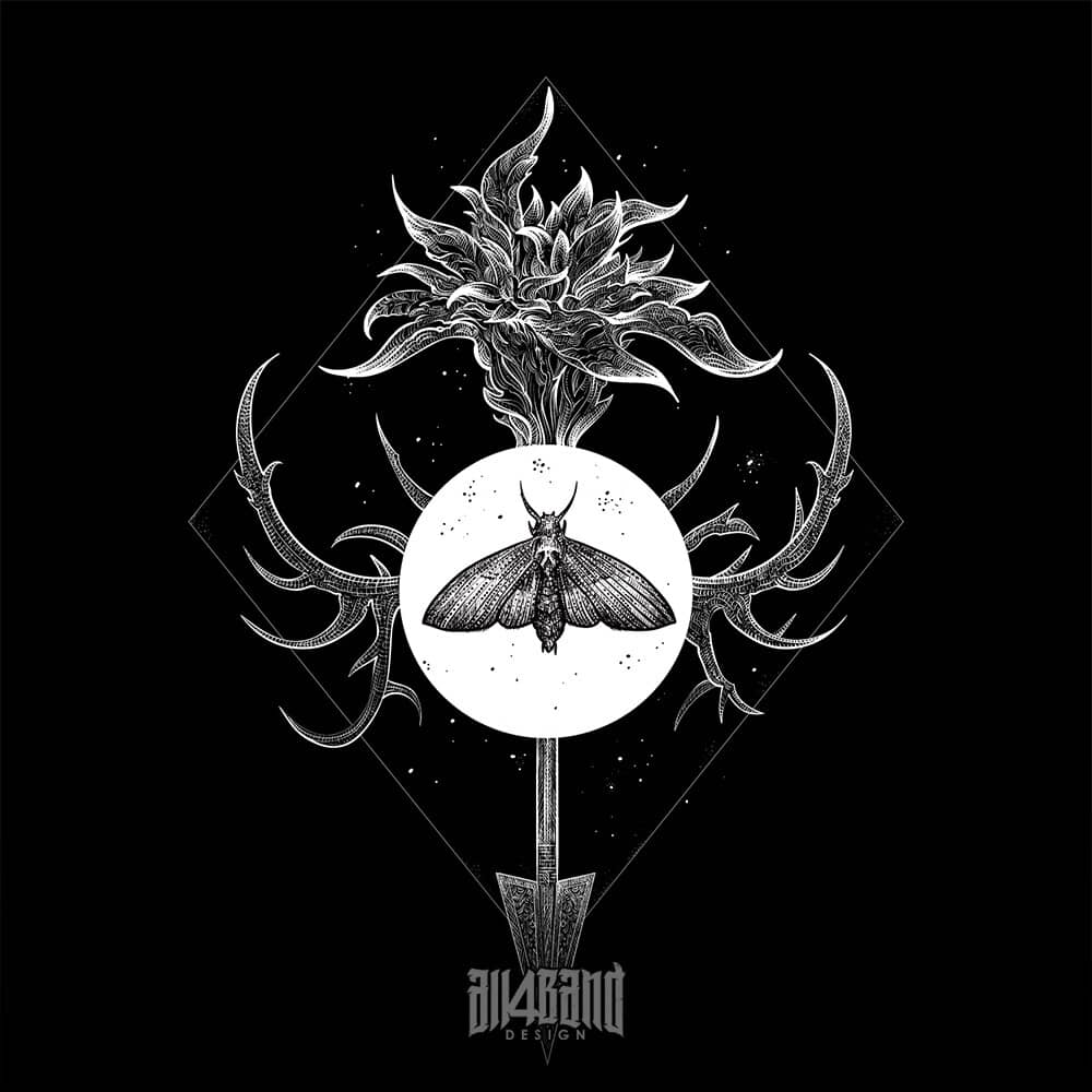 Metal band artwork featuring a symbolic composition with a moth, arrow, and a flower inside a diamond frame