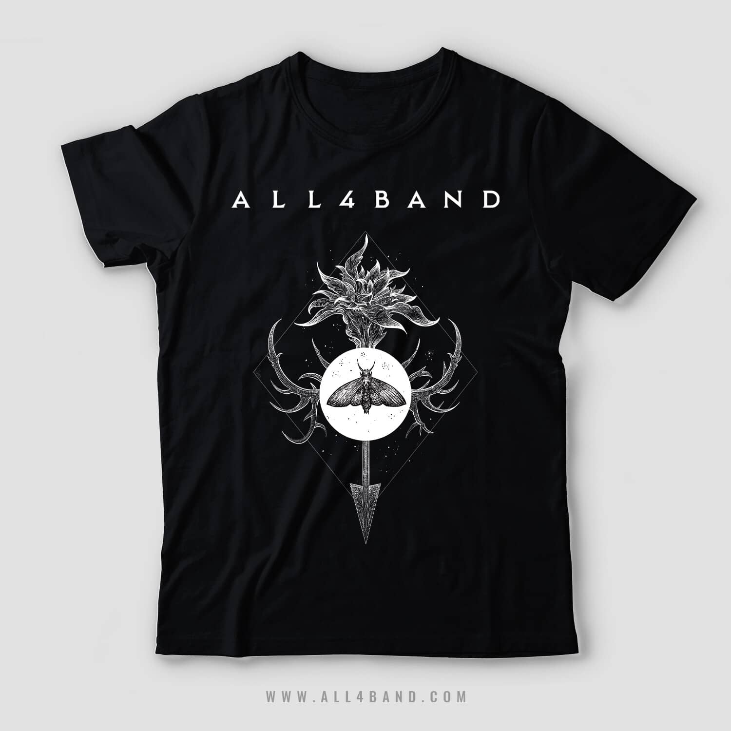 Band shirt design featuring a symbolic composition with a moth, arrow, and a flower inside a diamond frame