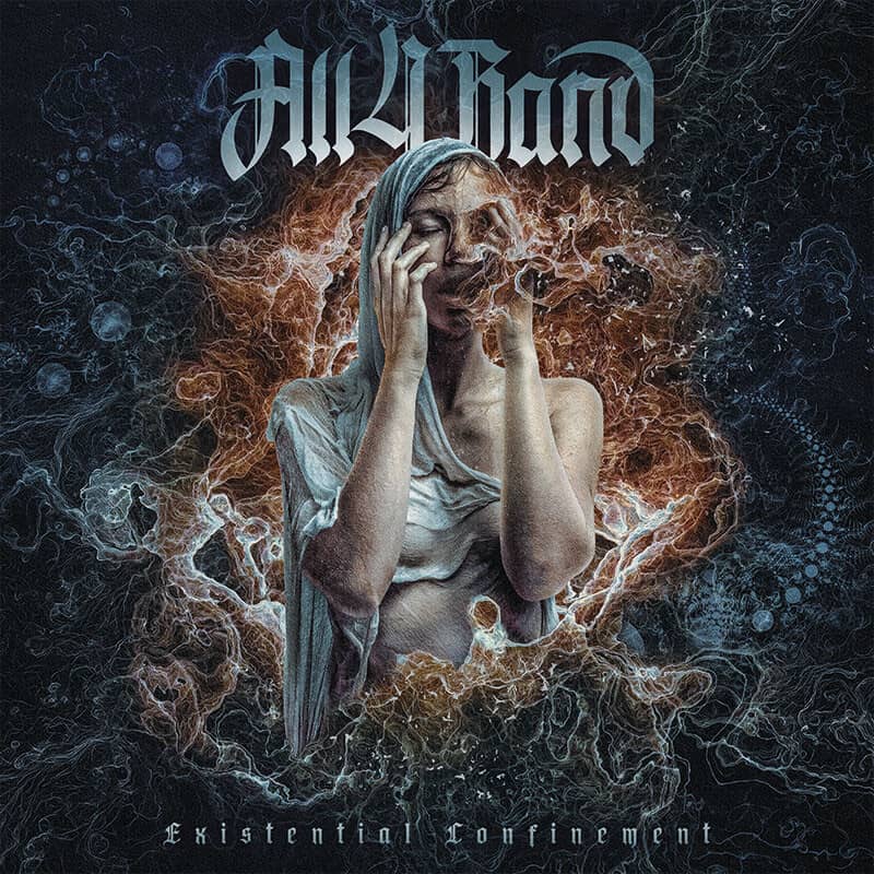 A dark atmospheric metal band artwork featuring a distressed female figure surrounded by intricate organic textures