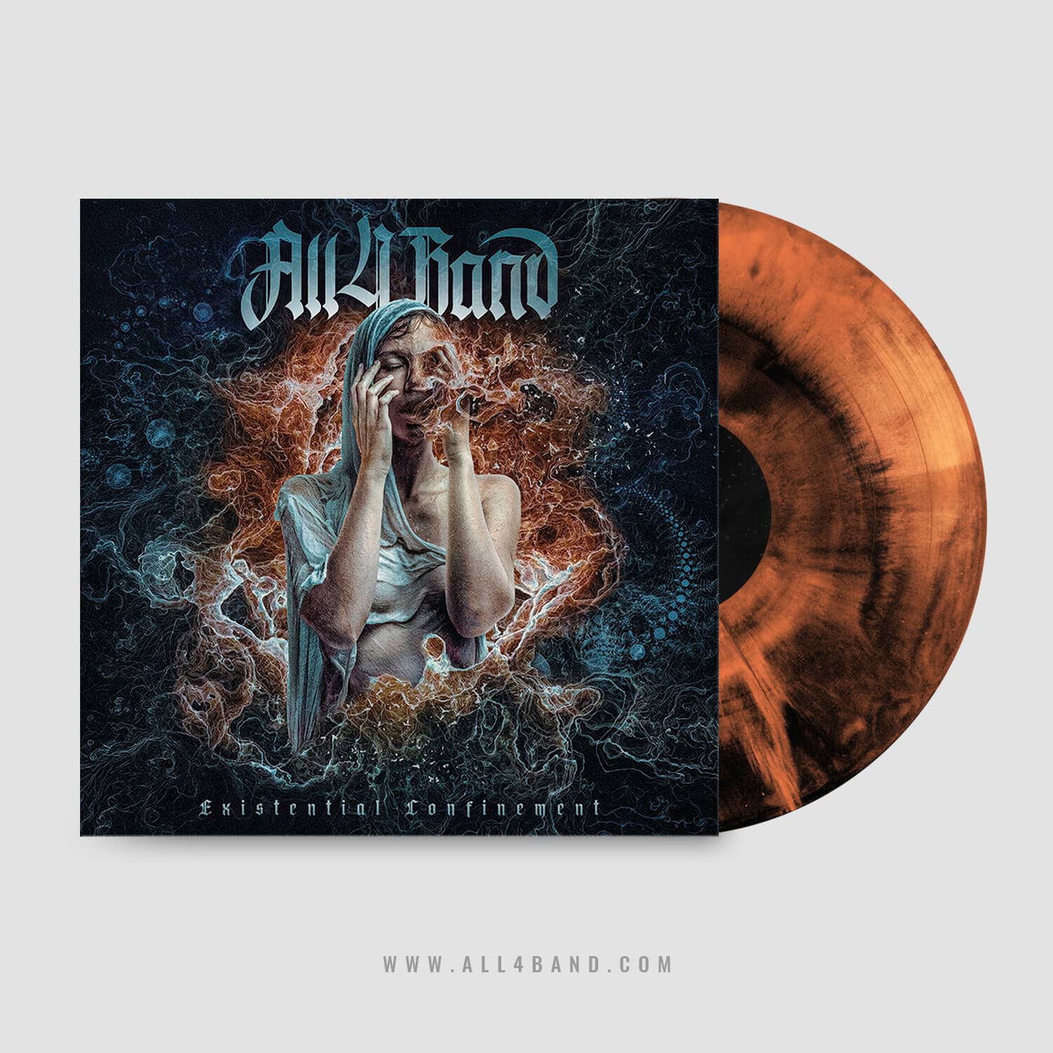 A dark atmospheric metal band album art featuring a distressed female figure surrounded by intricate organic textures