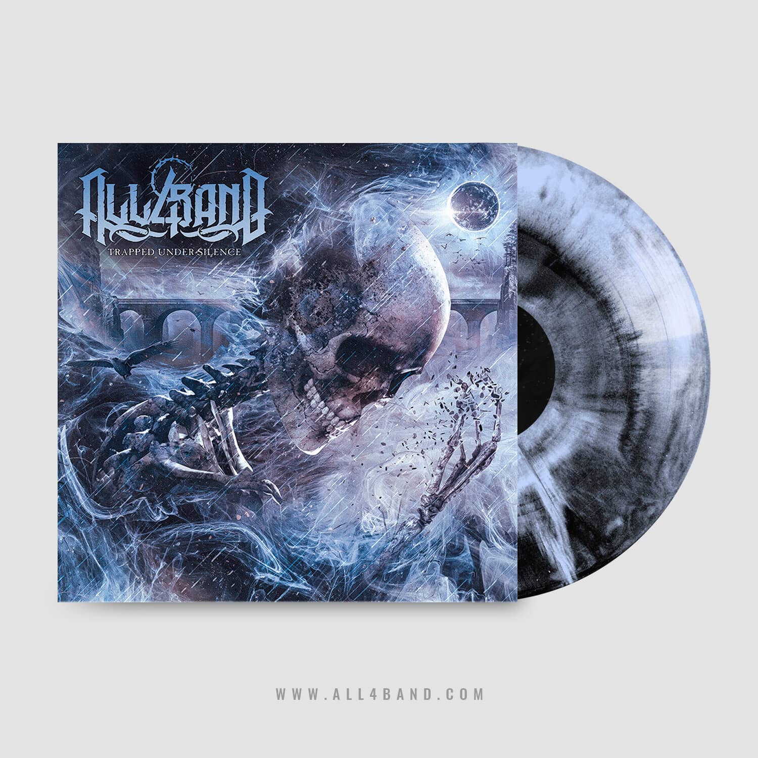Death metal album artwork featuring a storm-swept skeleton disintegrating beneath a dark eclipse in icy blue tones