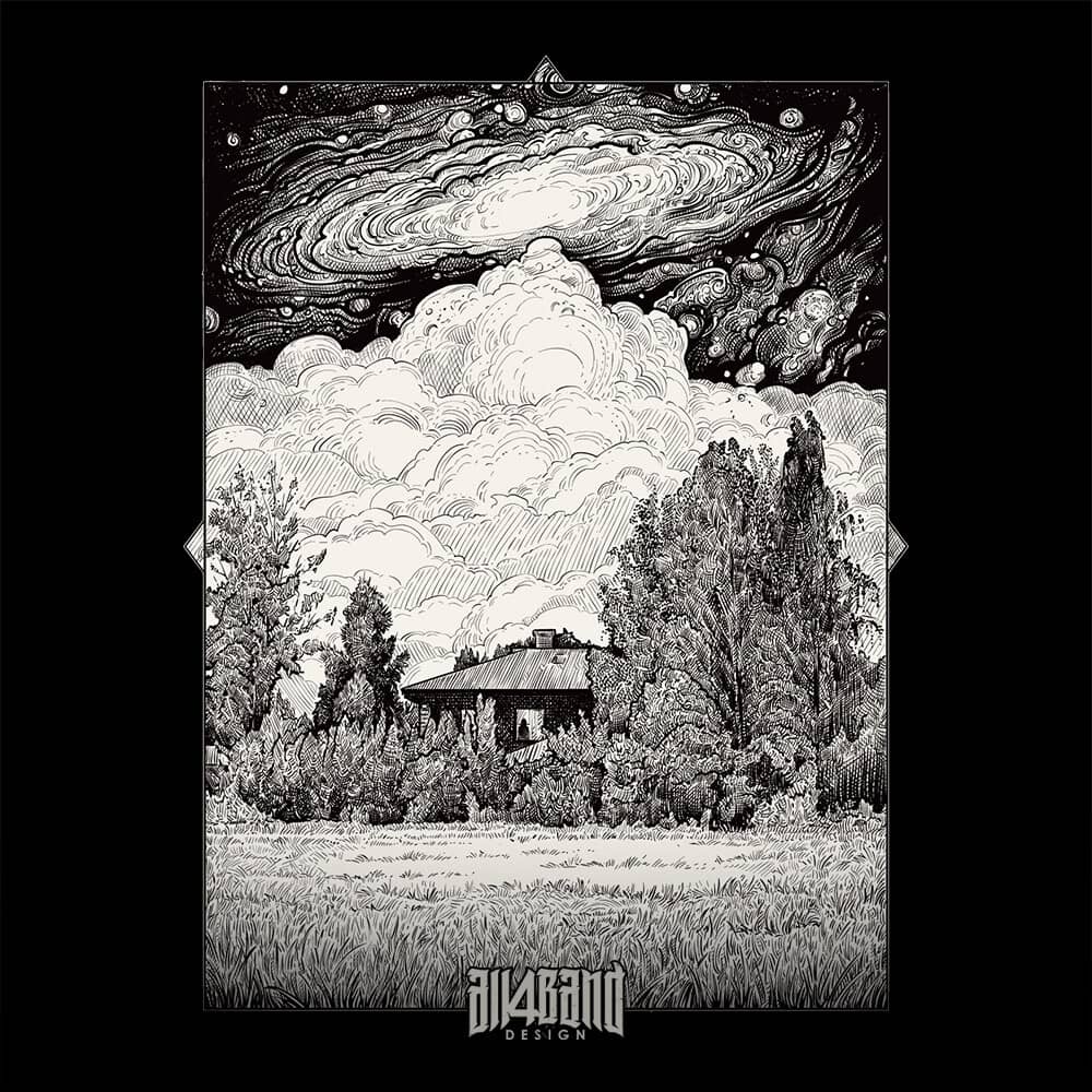 A band artwork featuring a cosmic storm over a solitary house in the woods