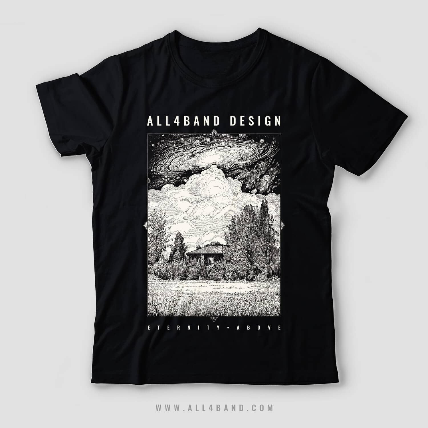 A band shirt design featuring a cosmic storm over a solitary house in the woods