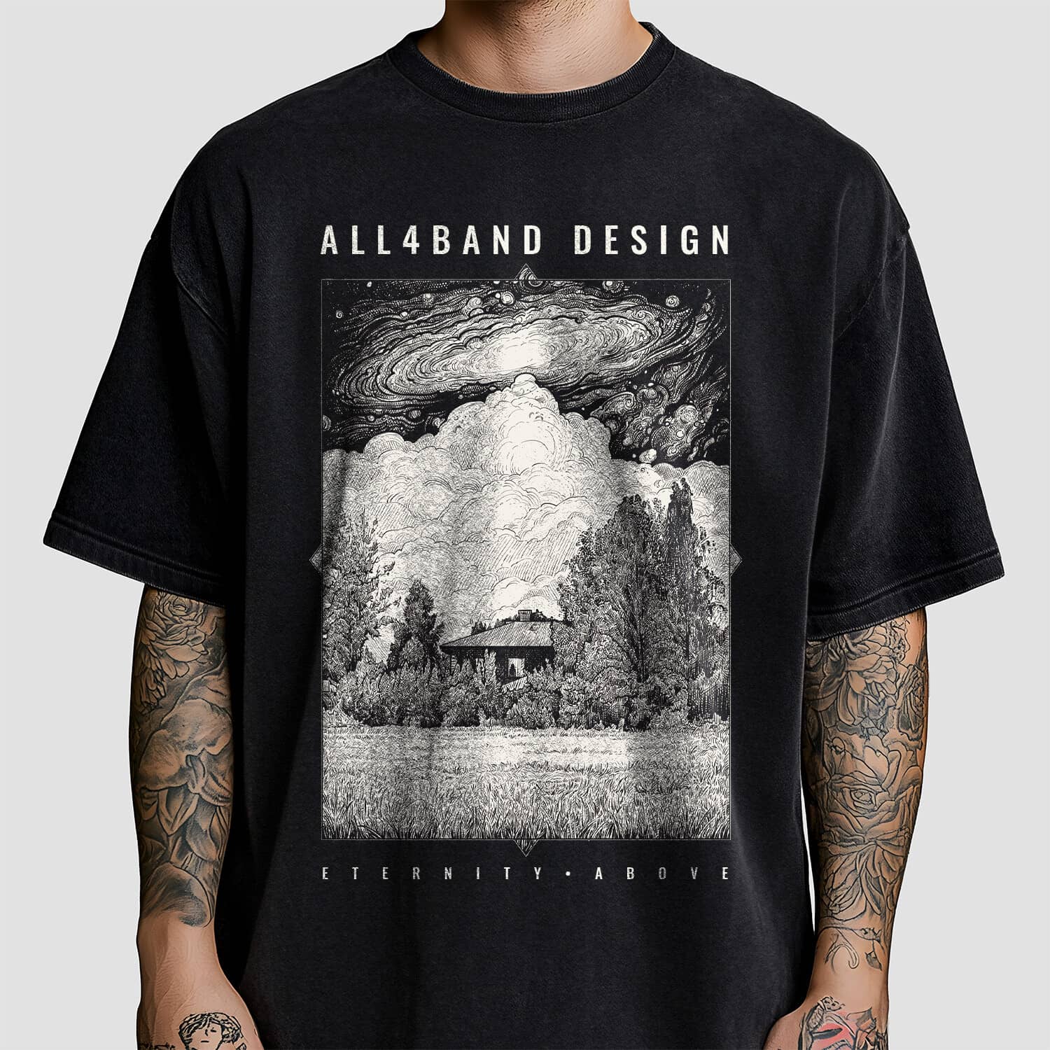 A band shirt design featuring a cosmic storm over a solitary house in the woods