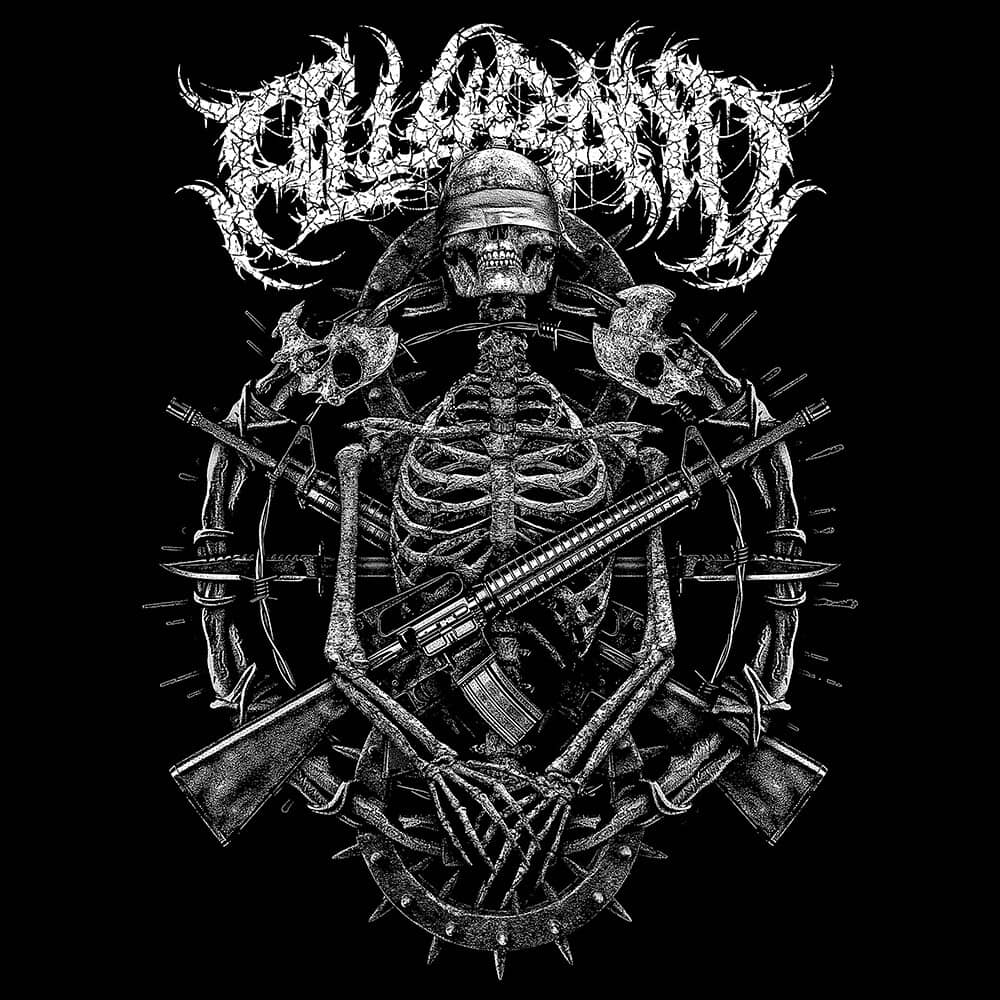 Death metal band artwork featuring a blindfolded skeleton surrounded by rifles, bones, spikes, and bayonets