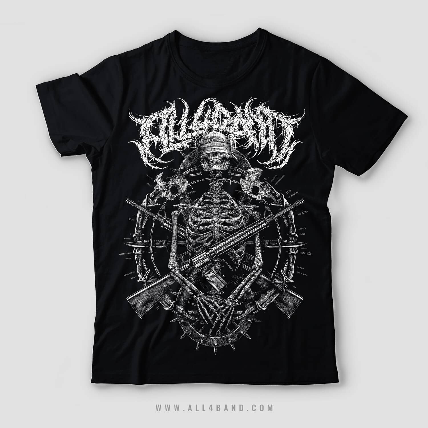 Death metal band shirt design featuring a blindfolded skeleton surrounded by rifles, bones, spikes, and bayonets