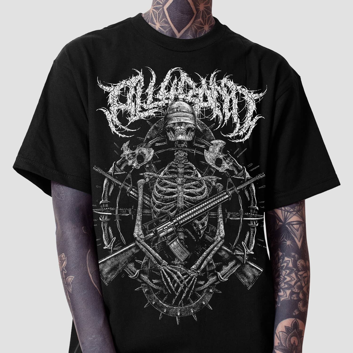 Death metal band shirt design featuring a blindfolded skeleton surrounded by rifles, bones, spikes, and bayonets