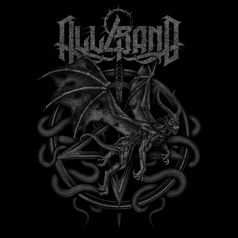 Death metal artwork featuring a winged demon over a pentagram and coiled serpents