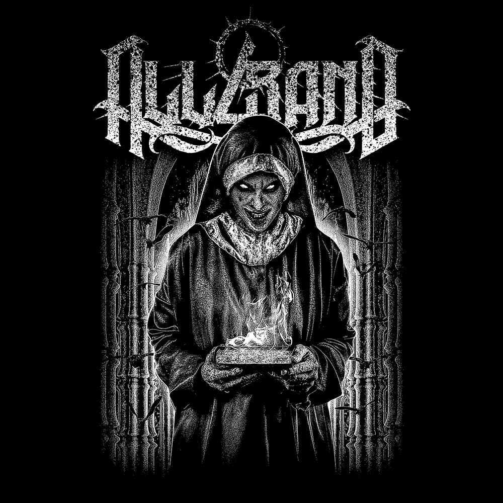 Death metal artwork featuring a sinister hooded nun holding a burning book