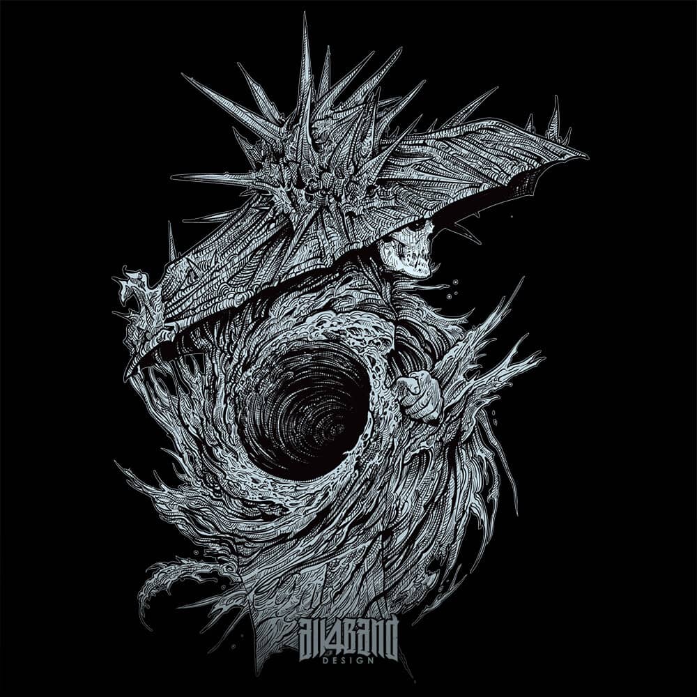 Band artwork featuring a surreal creature wrapped around a dark central vortex with a sharp umbrella hat.