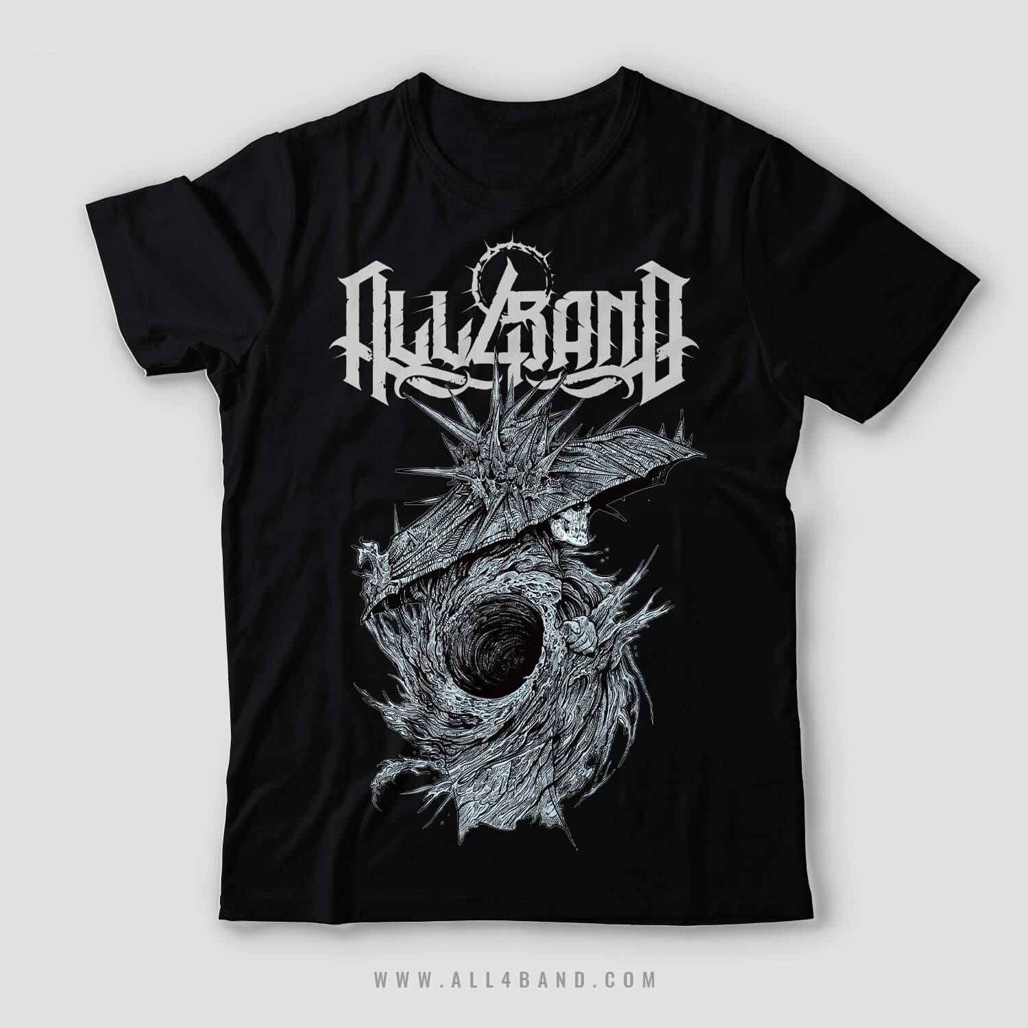 A band shirt design featuring a surreal creature wrapped around a dark central vortex with a sharp umbrella hat.