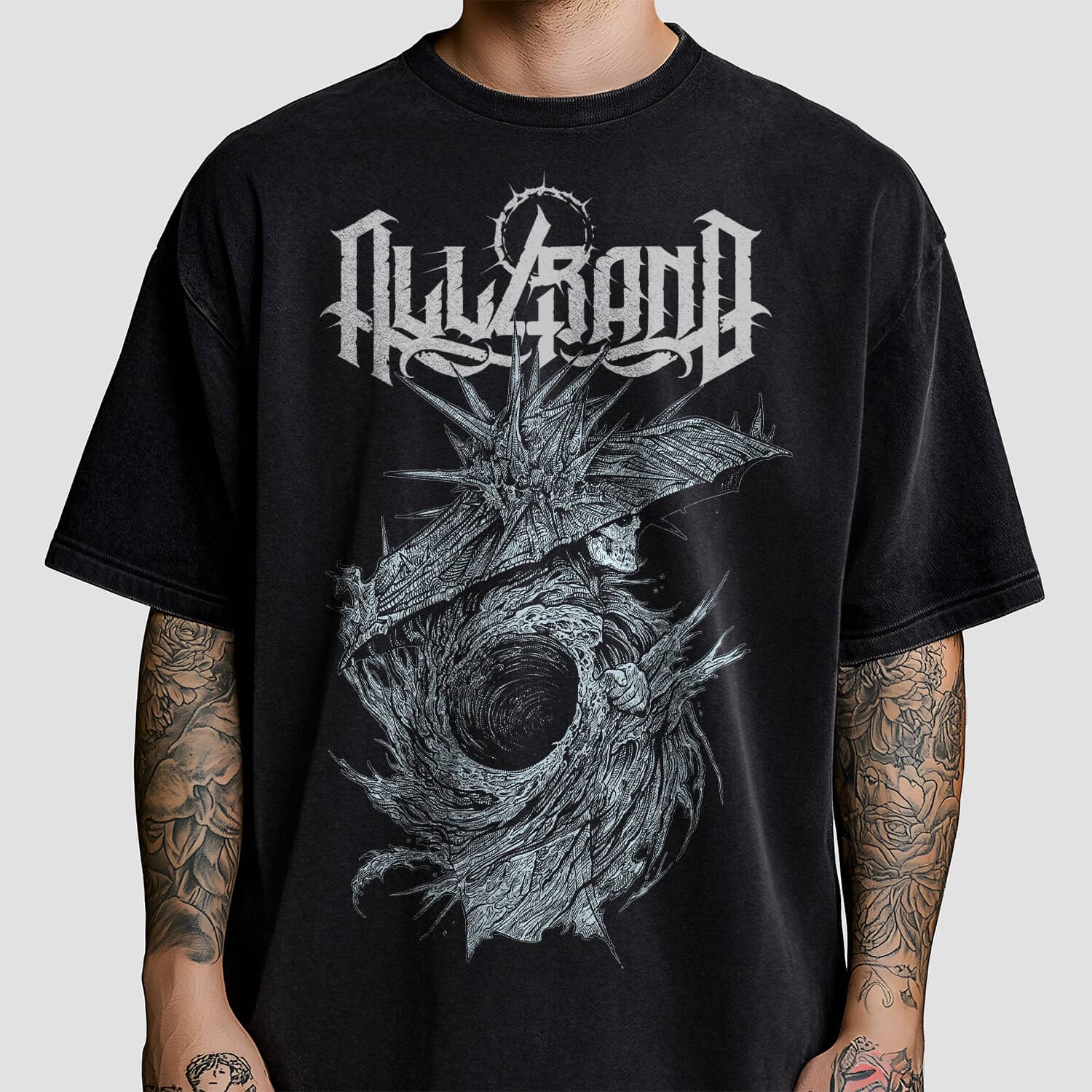 A band shirt design featuring a surreal creature wrapped around a dark central vortex with a sharp umbrella hat.