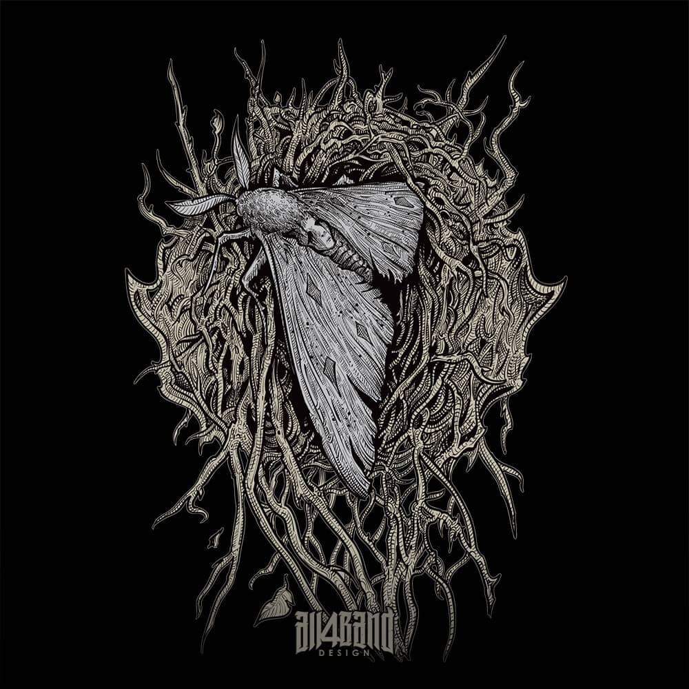 Band artwork featuring a large moth with a face-like pattern on its back, surrounded by tangled roots and thorns