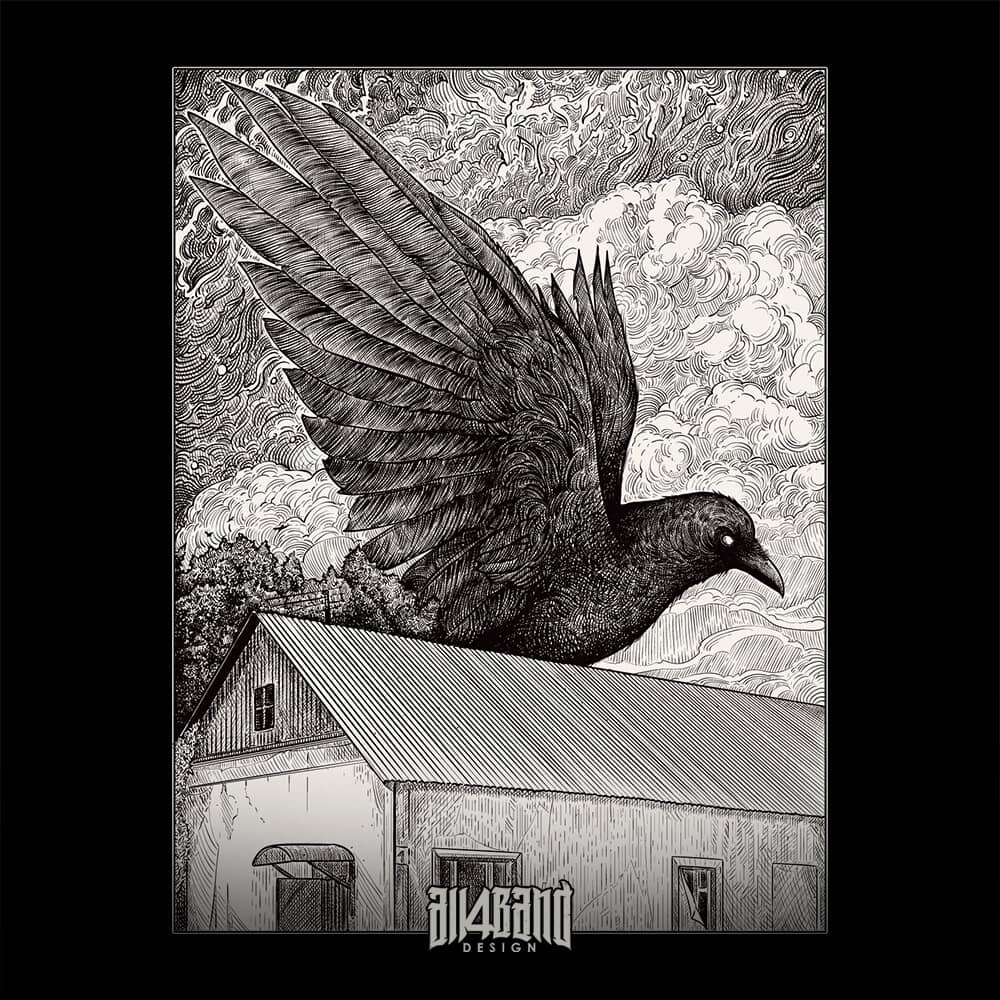 Detailed black and white illustration of a giant raven flying over a rural house beneath dense swirling clouds.