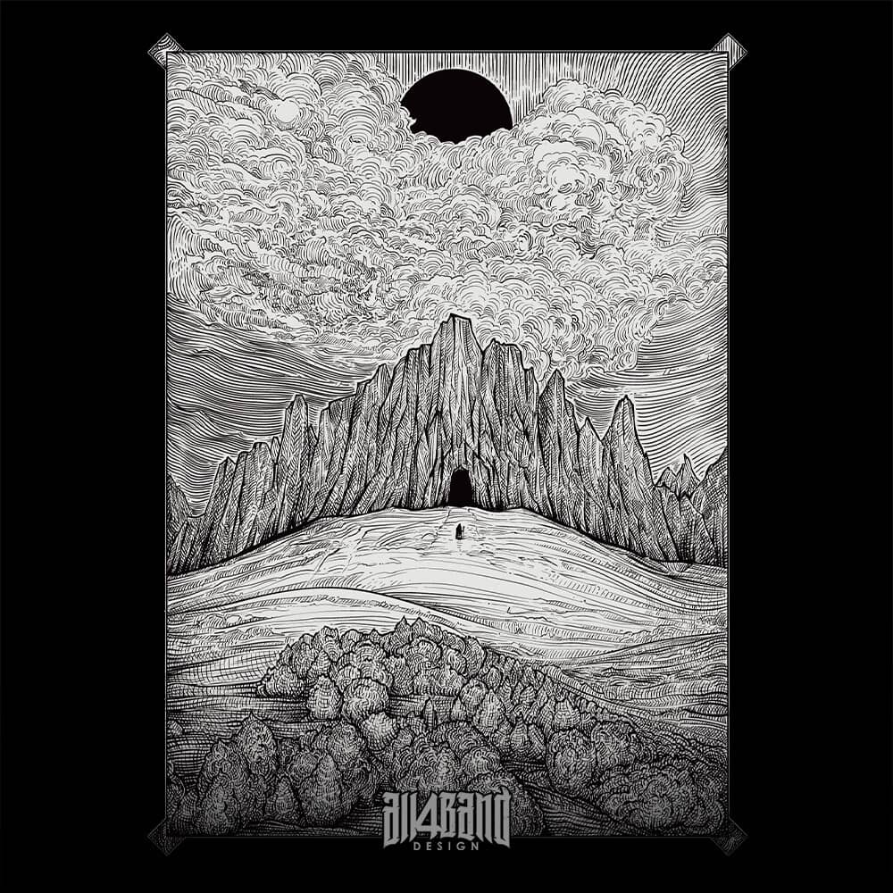 Black and white illustration featuring a lone figure approaching a dark mountain beneath a black sun and dramatic clouds.