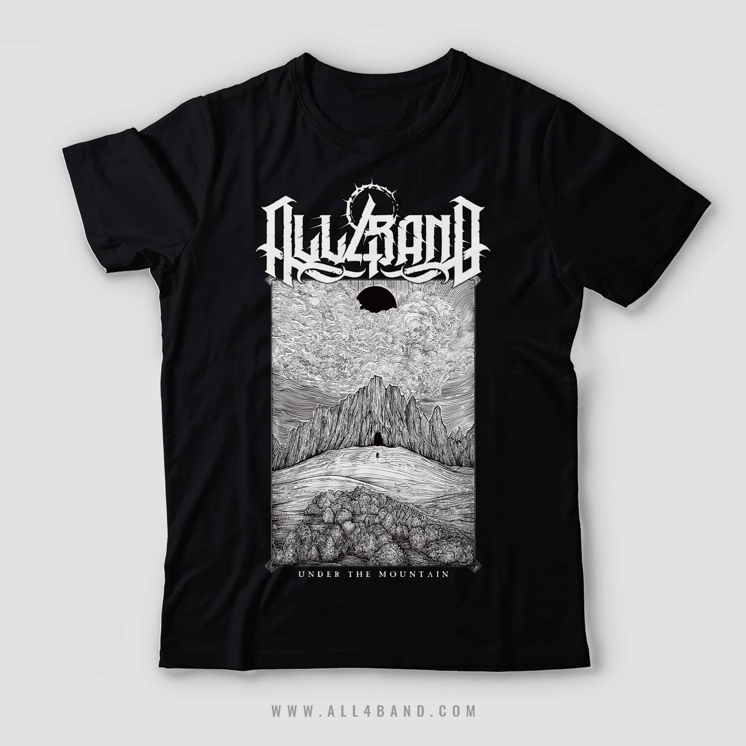 Black and white shirt design featuring a lone figure approaching a dark mountain beneath a black sun and dramatic clouds.