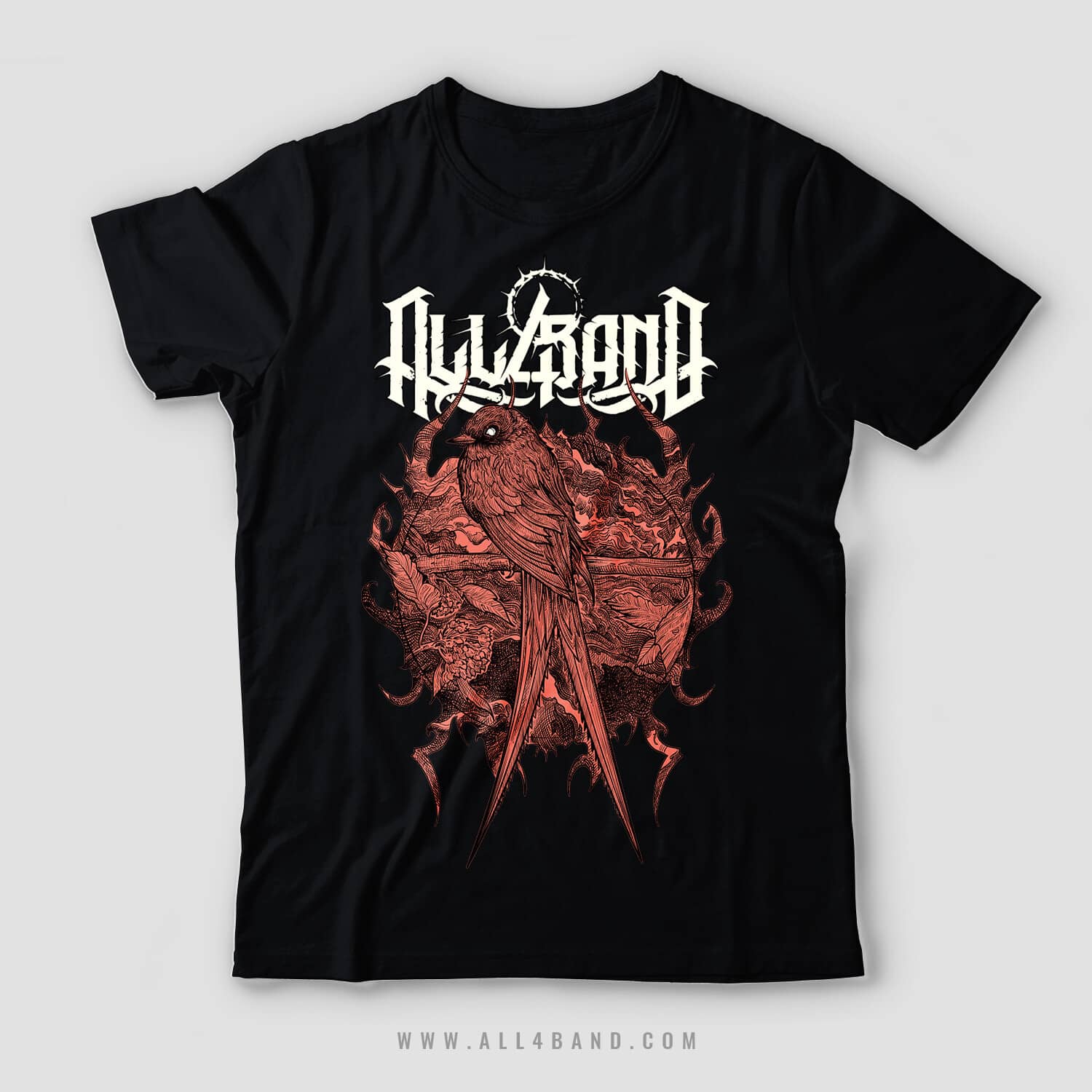 Detailed red ink shirt design of a long-tailed bird perched among twisted branches and organic ornamental forms.