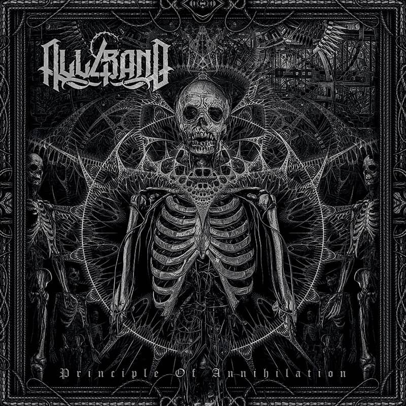 Black-and-white metal artwork featuring a human skeleton surrounded by symmetrical skeletal forms, occult geometry, spiderweb-like patterns, and ornate gothic framing.
